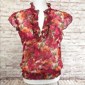 BCX Floral Print Ruffle Neckline Blouse with Built-In Cami Size Large